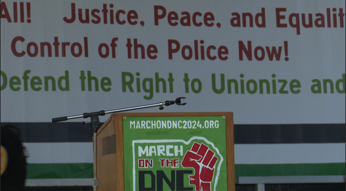 podium at palestine protest